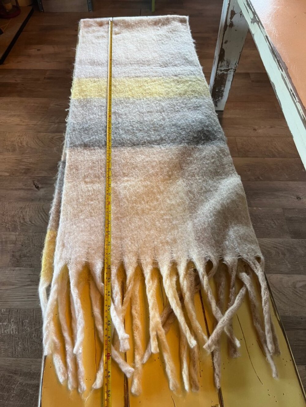 Oversized Chunky Plaid Blanket Scarf Wrap with Fringe - Mustard & Neutrals - Picture 3 of 4